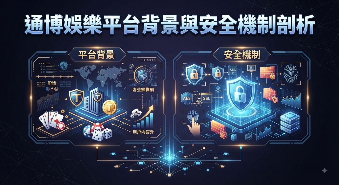 這張圖片以科技感十足的深色背景呈現,上方醒目地印有「通博娛樂平台背景與安全機制剖析」標題。 畫面下方透過左右兩個區塊,分別以圖示與數位化視覺效果探討了娛樂平台的背景概況與資安防護機制。