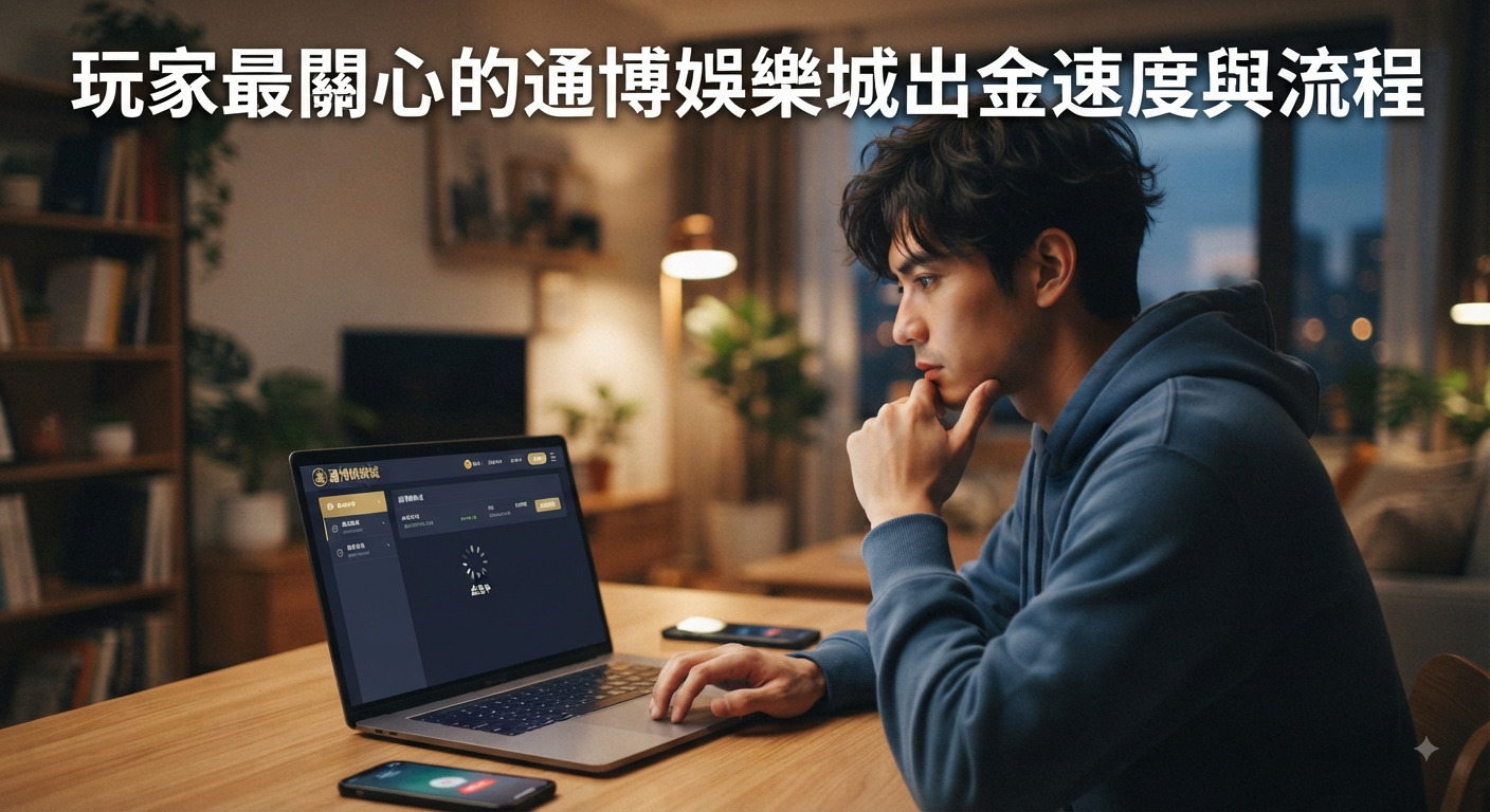 圖片顯示一名男子坐在筆記型電腦前專注查看畫面。 圖片上方清晰顯示標題文字「玩家最關心的通博娛樂城出金速度與流程」。