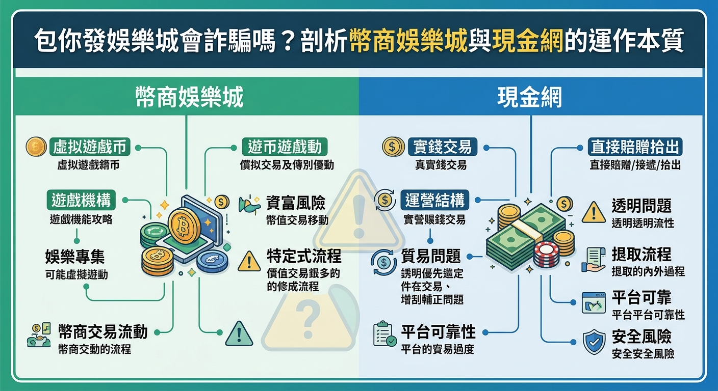 這張圖片以對比圖的形式,剖析了幣商娛樂城與現金網在營運模式與資金流向上的核心差異。 整體視覺採用簡潔清晰的圖表設計,並在頂部顯眼處標示主題標題:「包你發娛樂城會詐騙嗎?剖析幣商娛樂城與現金網的運作本質」。