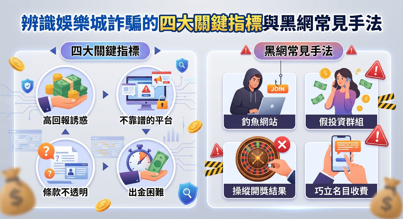 這張圖表清晰地劃分為兩大部分,分別以視覺化圖示展示辨識線上娛樂城詐騙的四大關鍵指標與常見黑網手法。 整體採用簡潔現代的風格設計,上方標有醒目的主題標題「辨識娛樂城詐騙的四大關鍵指標與黑網常見手法」。