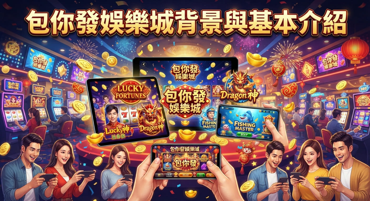 這是一張以「包你發娛樂城背景與基本介紹」為主題的宣傳圖片。畫面中展示了豐富的線上娛樂城元素與玩家互動的熱鬧場景。