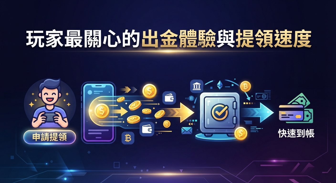 這張圖片的主題是玩家最關心的出金體驗與提領速度。 畫面透過流暢的圖示展示了從申請提領到快速到帳的完整流程。